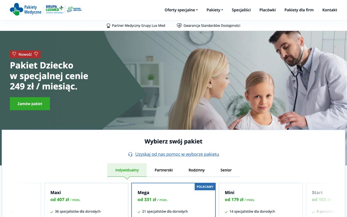 Strona główna Pakietów Medycznych na komputerze